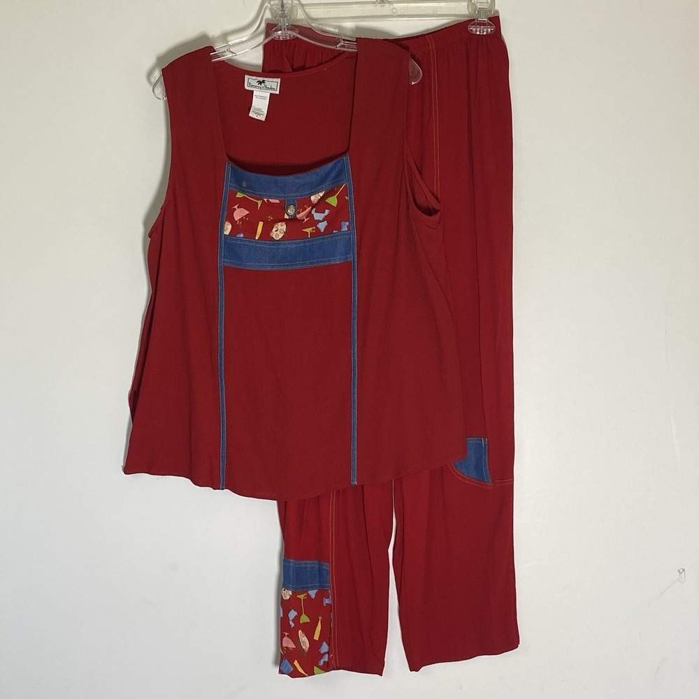 Vintage Tommy N LouLou Pant Set Womens 1X Red Multi Denim Patchwork Art to Wear